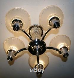 Antique chrome five socket frosted glass shade Art Deco ceiling light fixture