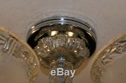 Antique chrome five socket frosted glass shade Art Deco ceiling light fixture