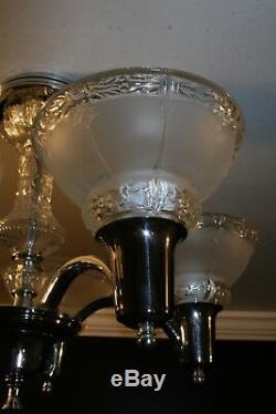 Antique chrome five socket frosted glass shade Art Deco ceiling light fixture