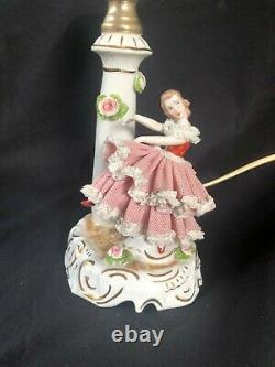 Antique dresden porcelain lace ballerina lamp. Original shade