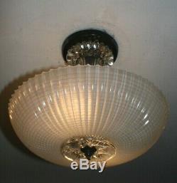 Antique frosted glass 12 Art Deco semi flush mount ceiling light fixture 1940s