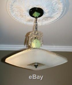 Antique frosted square jadeite green glass Art Deco ceiling light fixture