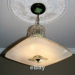 Antique frosted square jadeite green glass Art Deco ceiling light fixture