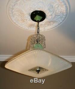 Antique frosted square jadeite green glass Art Deco ceiling light fixture