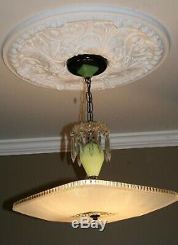 Antique frosted square jadeite green glass Art Deco ceiling light fixture