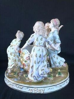Antique german marked porcelain large group dancing girls. Meissen Style