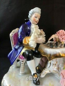 Antique german porcelain. Dresden group playing chess. Marked Bottom