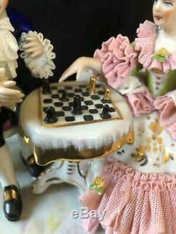 Antique german porcelain. Dresden group playing chess. Marked Bottom