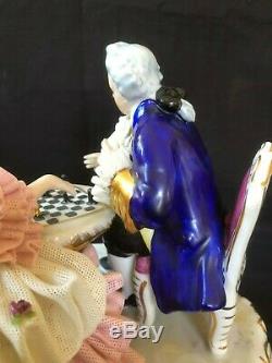 Antique german porcelain. Dresden group playing chess. Marked Bottom