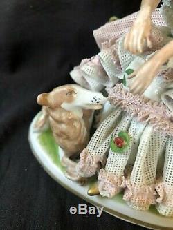 Antique german porcelain. Dresden lady with borzoi dog Marked Bottom