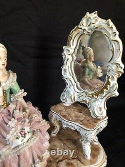 Antique large dresden porcelain group lady with mirror