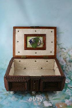 Antique large1900 English Tramp art box wood porcelain paws flower deco inside