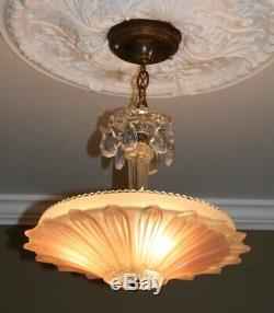 Antique pink glass sunflower shade Art Deco ceiling light fixture custom built