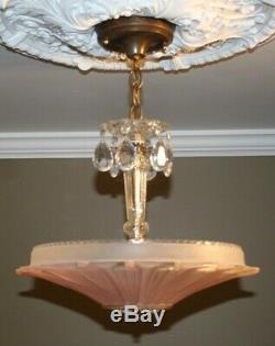 Antique pink glass sunflower shade Art Deco ceiling light fixture custom built