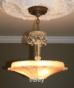 Antique pink glass sunflower shade Art Deco ceiling light fixture custom built