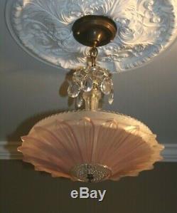 Antique pink glass sunflower shade Art Deco ceiling light fixture custom built