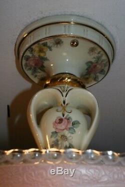 Antique semi flush pink Porcelier glass shade Art Deco light fixture chandelier