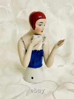 Art Deco 1920's German Porcelain Flapper Lady With Mirror Pin Cushion Half Doll