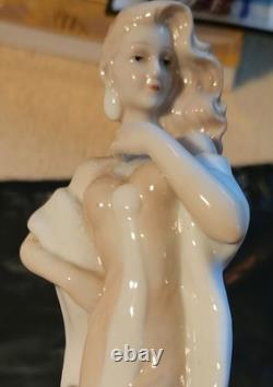 Art Deco Aquincum Porcelain Sophisticated Lady Flowing Tan & White Gown 10 Nude