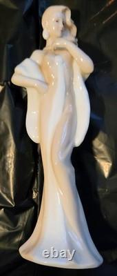 Art Deco Aquincum Porcelain Sophisticated Lady Flowing Tan & White Gown 10 Nude