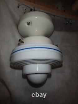 Art Deco Blue Pin Striped Shade White Porcelain Arts & Crafts Bungalow Fixture