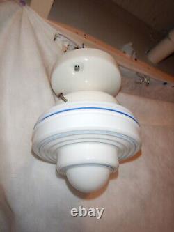 Art Deco Blue Pin Striped Shade White Porcelain Arts & Crafts Bungalow Fixture