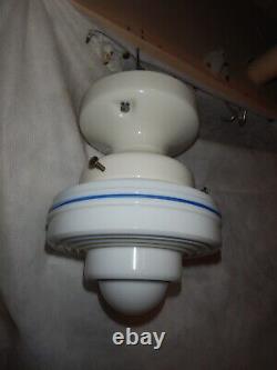 Art Deco Blue Pin Striped Shade White Porcelain Arts & Crafts Bungalow Fixture