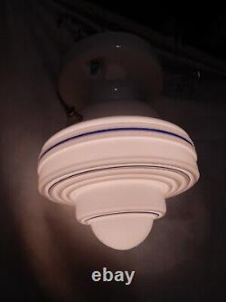 Art Deco Blue Pin Striped Shade White Porcelain Arts & Crafts Bungalow Fixture