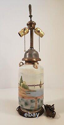 Art Deco Boat Scene Early 20th Century Converted Pewter Lamp Porcelain Vase D26