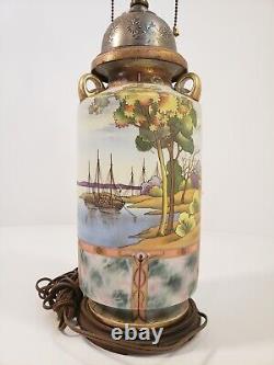 Art Deco Boat Scene Early 20th Century Converted Pewter Lamp Porcelain Vase D26