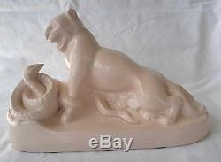 Art Deco Boch Freres by Charles Catteau, Porcelain Panther/Lion Fighting a Snake