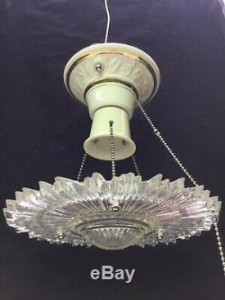 Art Deco Ceiling Light Porcelain Fixture W Suspended Starburst Clear Glass Shade