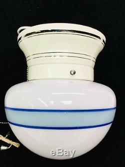 Art Deco Ceiling Light, Silver Banded Porcelain Fixture, Milk Glass Shade Banded