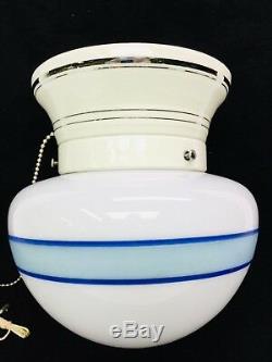 Art Deco Ceiling Light, Silver Banded Porcelain Fixture, Milk Glass Shade Banded