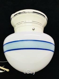 Art Deco Ceiling Light, Silver Banded Porcelain Fixture, Milk Glass Shade Banded