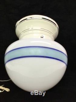 Art Deco Ceiling Light, Silver Banded Porcelain Fixture, Milk Glass Shade Banded