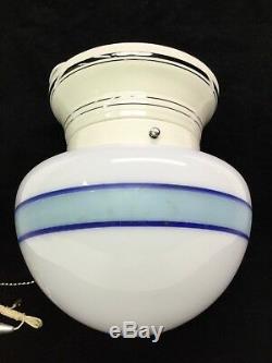 Art Deco Ceiling Light, Silver Banded Porcelain Fixture, Milk Glass Shade Banded