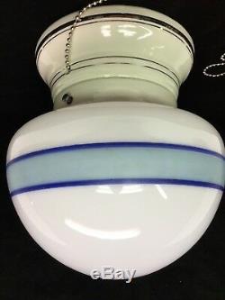 Art Deco Ceiling Light, Silver Banded Porcelain Fixture, Milk Glass Shade Banded