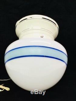 Art Deco Ceiling Light, Silver Banded Porcelain Fixture, Milk Glass Shade Banded