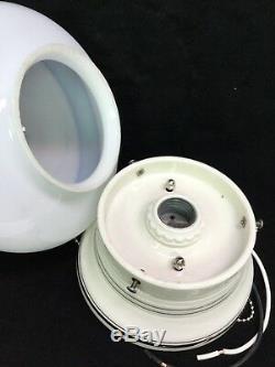 Art Deco Ceiling Light, Silver Banded Porcelain Fixture, Milk Glass Shade Banded