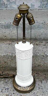 Art Deco Copeland Spode Ivory Floral Pottery Cylinder Lamp Duplex Brass Sockets
