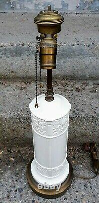 Art Deco Copeland Spode Ivory Floral Pottery Cylinder Lamp Duplex Brass Sockets