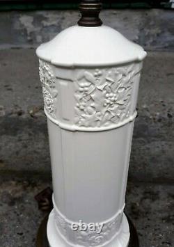 Art Deco Copeland Spode Ivory Floral Pottery Cylinder Lamp Duplex Brass Sockets