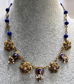 Art Deco Czech 16 Porcelain Portrait Blue Glass Bead Goldtone Antique Necklace