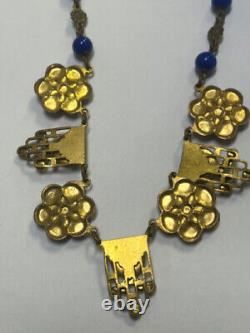 Art Deco Czech 16 Porcelain Portrait Blue Glass Bead Goldtone Antique Necklace