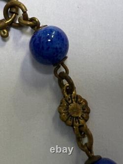 Art Deco Czech 16 Porcelain Portrait Blue Glass Bead Goldtone Antique Necklace