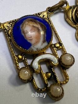 Art Deco Czech 16 Porcelain Portrait Blue Glass Bead Goldtone Antique Necklace