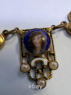 Art Deco Czech 16 Porcelain Portrait Blue Glass Bead Goldtone Antique Necklace