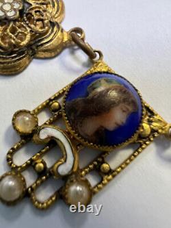 Art Deco Czech 16 Porcelain Portrait Blue Glass Bead Goldtone Antique Necklace