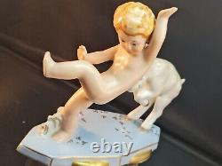 Art Deco Czech Porcelain Boy Play W White Goat Funny Vintage Collectable Gift